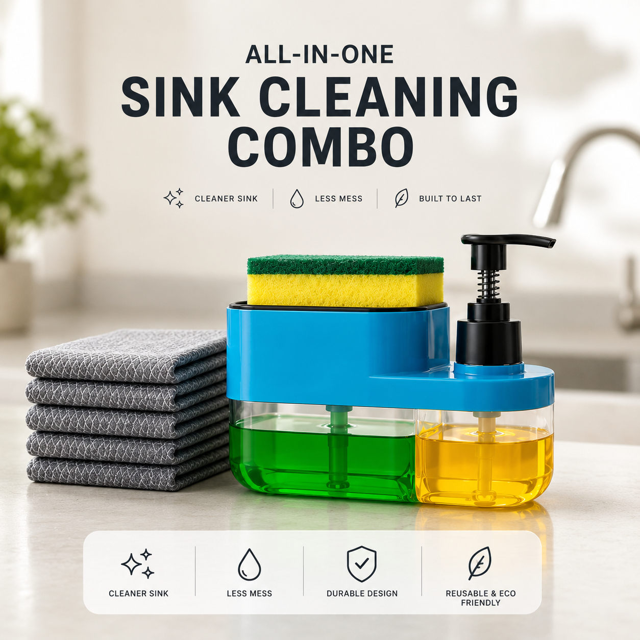 🧼✨ 3-in-1 Soap Dispenser + 6 peice steel scrubber